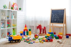 room with chalk board and colorful kids toys