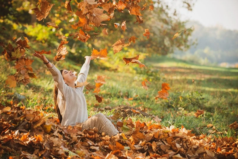 Autumn Leaves Falling On Happy Young Woman In Forest